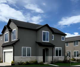 View of front of property featuring an attached garage, a front lawn, stucco siding, and stone siding, Note: AI Rendering, there may be minor differences.