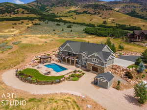 Aerial view featuring a mountain view