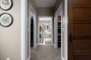 Hall featuring carpet