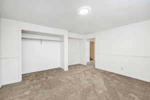 Unfurnished bedroom with carpet floors, baseboards, and a closet