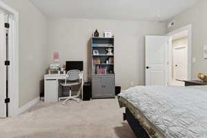 Bedroom with baseboards, visible vents, and carpet