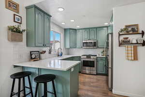 Kitchen with appliances with stainless steel finishes, green cabinetry, a peninsula, a sink, and recessed lighting