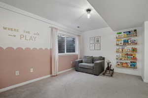 Sitting room featuring carpet floors, baseboards, and a textured ceiling