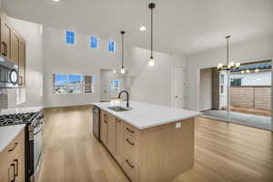 Kitchen with light countertops, stainless steel appliances, a sink, and light wood-type flooring