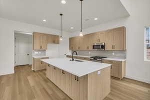 Kitchen with backsplash, light wood-type flooring, a sink, baseboards, and stainless steel appliances