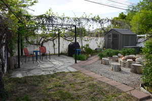 View of yard with a patio, a fenced backyard, a storage shed, and an outdoor structure