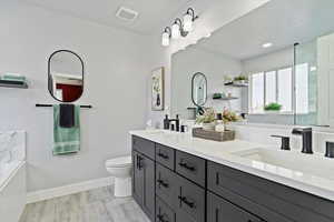 Full bath featuring toilet, visible vents, baseboards, and a sink