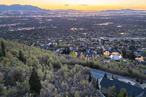 Aerial view at dusk with a mountain view
