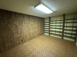 Basement featuring tile patterned floors, wood walls, and a textured ceiling