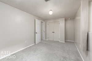 Interior space with a textured ceiling, baseboards, a closet, and carpet floors