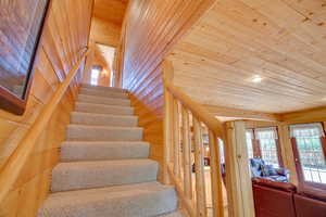 Stairway featuring wood ceiling and wooden walls