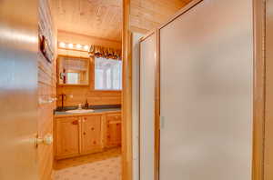 Full bath with a stall shower, wooden walls, vanity, and wooden ceiling
