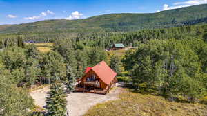 Birds eye view of property featuring a forest view and a mountain view