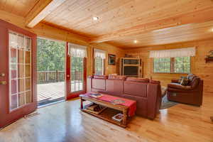 Living area with beam ceiling, wood finished floors, visible vents, wooden walls, and wood ceiling