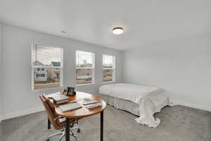 Carpeted bedroom with baseboards and visible vents