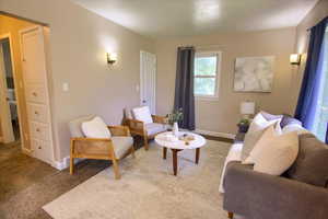 Carpeted living room with baseboards
