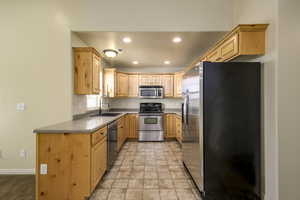 Kitchen with light brown cabinetry, recessed lighting, baseboards, a sink, and stainless steel appliances