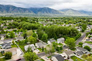 Aerial perspective of suburban area with mountains
