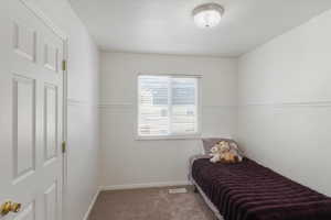 Carpeted bedroom with visible vents and baseboards