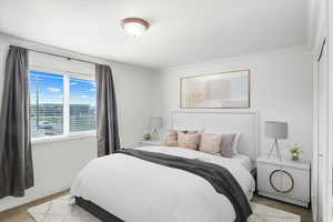Carpeted bedroom with baseboards and ornamental molding