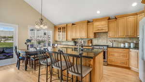Kitchen with light wood-style floors, gas range, an island with sink, and a sink
