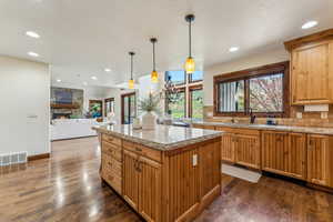 Kitchen with tasteful backsplash, visible vents, and dark wood finished floors