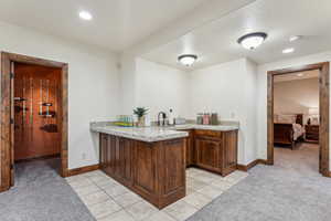 Interior space with light colored carpet, baseboards, indoor wet bar, and recessed lighting