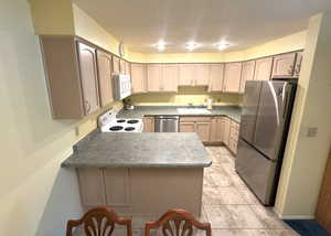 Kitchen with a sink, appliances with stainless steel finishes, and a peninsula