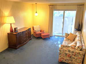 Living area featuring wood walls and carpet