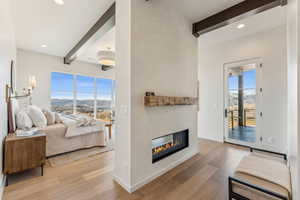 Living room with plenty of natural light, wood-type flooring, and a glass covered fireplace