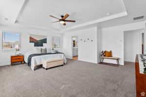 Bedroom featuring baseboards, carpet flooring, a tray ceiling, and visible vents