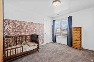 Carpeted bedroom with baseboards, visible vents, and a textured ceiling