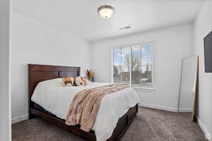 Bedroom featuring carpet flooring, visible vents, and baseboards