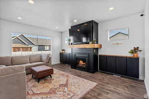 Living area with a fireplace, baseboards, a healthy amount of sunlight, and dark wood finished floors