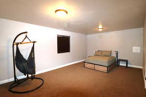 Bedroom with dark colored carpet and baseboards
