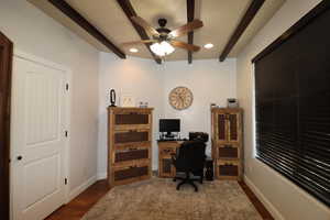 Home office with recessed lighting, baseboards, dark wood finished floors, ceiling fan, and beamed ceiling