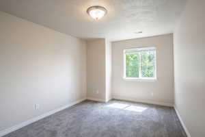 Carpeted empty room featuring a textured ceiling, baseboards, and visible vents