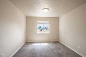 Carpeted spare room with baseboards, visible vents, and a textured ceiling