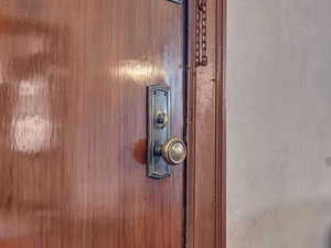 Detailed view of front door original hardware.