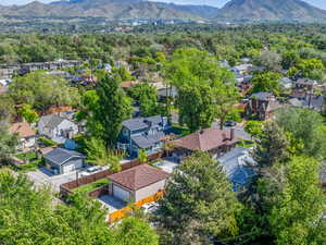 Aerial view of residential area with a mountainous background