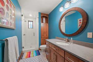 Bathroom featuring vanity, toilet, and a shower stall