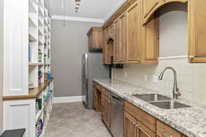 Kitchen featuring ornamental molding, a sink, open shelves, decorative backsplash, and appliances with stainless steel finishes