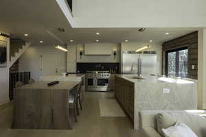 Kitchen with decorative backsplash, a sink, premium appliances, light wood-style floors, and a spacious island