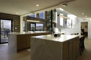 Kitchen featuring log walls, light wood-style flooring, modern cabinets, and a sink
