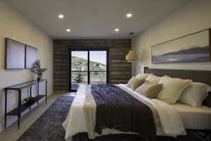 Bedroom featuring light wood finished floors, access to exterior, baseboards, rustic walls, and recessed lighting