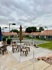 Seating area and tennis courts