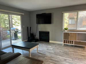 Living room featuring light wood finished floors, baseboards, and a glass covered fireplace