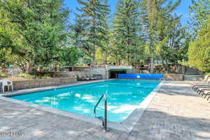 Community pool featuring fence and a patio area