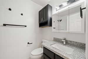 Bathroom with toilet, a shower, and vanity