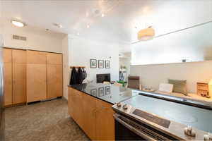 Kitchen with stainless steel electric range oven, dark countertops, and visible vents